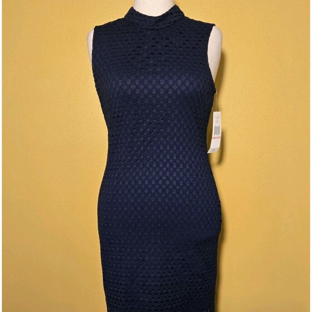 Sharango Stretch Navy Blue‎ Mock Neck Dress 10 Crochet Overlay Sleeveless NWT Co